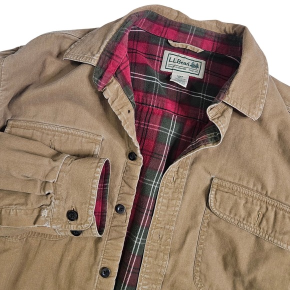 L.L. Bean Other - Vtg LL Bean Flannel Lined Canvas Shirt Jacket Mens LTan Khaki Plaid Lining